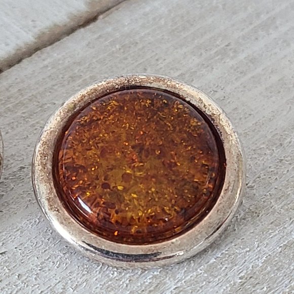 Vintage Sterling Silver Cognac Amber Earrings Circle Clip On - Picture 4 of 12